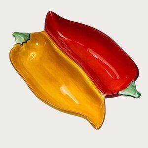 Clay Art C.A. Chili Pepper Divided Salsa Dish Ceramic Pepper Shaped Serving Tray